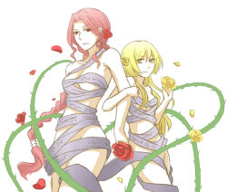 Rule 34 | 2girls, bad id, bad pixiv id, biaji, blonde hair, braid, breasts, fate/stay night, fate/zero, fate (series), flower, gae buidhe (fate), gae dearg (fate), long hair, medium breasts, multiple girls, personification, polearm, red eyes, red flower, red hair, red rose, ribbon, rose, small breasts, spear, thorns, weapon, yellow eyes, yellow flower, yellow rose