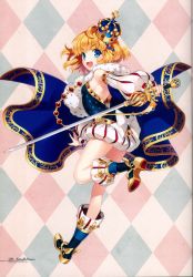 Rule 34 | 1girl, absurdres, argyle, argyle background, argyle clothes, armpits, black tube top, blonde hair, blouse, blue eyes, boots, cape, crown, full body, fur trim, highres, holding, holding sword, holding weapon, huge filesize, knee boots, leg up, looking at viewer, looking back, nardack, non-web source, original, puffy shorts, shirt, shorts, solo, standing, standing on one leg, strapless, striped, sword, tube top, v-shaped eyebrows, weapon, white shirt