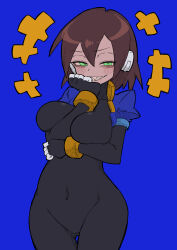 Rule 34 | 1girl, absurdres, aile (mega man zx), arm between breasts, arms under breasts, between breasts, black bodysuit, blue background, blush, bodysuit, bodysuit under clothes, breasts, brown hair, buzzlyears, commentary, covered navel, cowboy shot, cropped jacket, green eyes, hand on own chin, highres, jacket, large breasts, looking at viewer, mega man (series), mega man zx, navel, no pants, open clothes, open jacket, robot ears, sharp teeth, short hair, simple background, skin tight, smile, solo, teeth