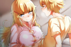 Rule 34 | 1boy, 1girl, blonde hair, blue eyes, blush, breasts, brother and sister, cleavage, cum, ejaculation, fang, gradient background, hair ornament, hairclip, heart, heart-shaped pupils, hetero, incest, large breasts, long hair, naso4, open mouth, original, paizuri, paizuri under clothes, pajamas, penis, siblings, symbol-shaped pupils, twincest, twins, uncensored