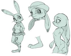 Rule 34 | 1girl, :3, animal ears, animal hands, belt, blush, buck teeth, closed mouth, collarbone, cowboy shot, cropped legs, face, female focus, flat chest, from side, full body, furry, furry female, hands on own hips, happy, heel up, judy hopps, long sleeves, looking at viewer, monochrome, multiple views, navel, no nipples, nude, open mouth, pants, police, police uniform, policewoman, profile, rabbit ears, shirt, shourin bonzu, simple background, smile, standing, teeth, uniform, vest, white background, zootopia