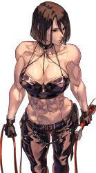 Rule 34 | 1girl, abs, alternate muscle size, belt, biceps, bra, breasts, brown eyes, brown hair, choker, cleavage, earrings, gloves, highres, holding, holding whip, jewelry, large breasts, leather, leather pants, muscular, muscular female, navel, obliques, pants, short hair, simple background, solo, standing, strapless, strapless bra, syachiiro, the king of fighters, thick thighs, thighs, toned, underwear, whip, whip (kof)