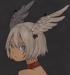 Rule 34 | 1girl, bad id, bad twitter id, bare shoulders, blue eyes, choker, closed mouth, from side, grey background, hair between eyes, hair ornament, head wings, highres, looking at viewer, looking back, portrait, sako (35s 00), short hair, simple background, solo, white hair, wings