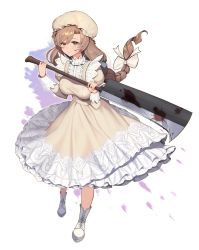 Rule 34 | 10s, 1girl, absurdres, apron, asymmetrical bangs, blood, blood on face, bloody weapon, boots, bow, braid, braided ponytail, breasts, brown eyes, brown hair, cleaver, cross-laced footwear, dress, full body, hair bow, hashitsuki nata, hat, hataraku saibou, highres, huge filesize, long hair, long sleeves, macrophage (hataraku saibou), matching hair/eyes, medium breasts, mob cap, monini, nata (tool), oversized object, ponytail, puffy long sleeves, puffy sleeves, simple background, single braid, smile, solo, standing, weapon, white background, white footwear