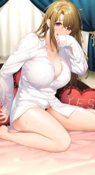 Rule 34 | 1girl, barefoot, blush, borrowed clothes, breasts, brown eyes, brown hair, cleavage, collarbone, collared shirt, curtains, dress shirt, frilled pillow, frills, giuniu, heart, heart-shaped pillow, highres, katsuragi ayako, large breasts, long sleeves, mature female, musume janakute mama ga suki nano!?, no bra, no pants, official art, open mouth, partially unbuttoned, pillow, second-party source, shirt, sitting, solo, sweat, thighs, unbuttoned sleeves, wariza, white shirt, yes, yes-no pillow