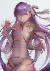 Rule 34 | 1girl, bandage over one eye, bandaged arm, bandaged head, bandages, bow, collar, fate/grand order, fate (series), flat chest, hair bow, highres, kingprotea (fate), long hair, looking at viewer, moss, naked bandage, omoti (1201208), open mouth, purple eyes, purple hair, scar, solo, very long hair, white bow
