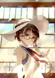 Rule 34 | 1girl, blue eyes, bow, brown hair, copyright request, flower, glasses, hair flower, hair ornament, hana (asml30), hat, hat bow, lace trim, long hair, looking at viewer, neckerchief, parted lips, red-framed eyewear, revision, sailor collar, side ponytail, sleeveless, solo, sun hat, upper body, window