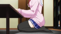 Rule 34 | 10s, 1girl, 2017, animated, animated gif, apron, ass, ass focus, black hair, black thighhighs, blue skirt, blush, brown eyes, close-up, dangerously close upskirt, feet, female focus, getting up, gluteal fold, hanasaka yui, knees, legs, low angle, low angle view, miniskirt, one room, pleated skirt, ponytail, school uniform, short hair, sitting, skirt, thigh focus, thighhighs, thighs, upskirt, wariza, zettai ryouiki