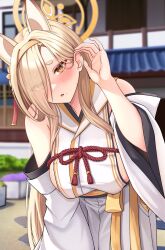 Rule 34 | 1girl, animal ears, blonde hair, blue archive, blurry, blurry background, bow, breasts, building, collarbone, commentary request, covered erect nipples, cowboy shot, detached sleeves, eyes visible through hair, eyeshadow, fox ears, hair bow, hair over one eye, hairband, hakama, hakama skirt, halo, highres, japanese clothes, kaho (blue archive), kimono, large breasts, long hair, makeup, mole, mole under mouth, orange halo, outdoors, parted lips, pink eyeshadow, short eyebrows, skirt, solo, standing, tabi, tassel, tyagamann, white kimono, white skirt, white sleeves, yellow eyes, yellow hairband