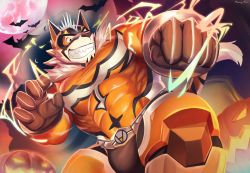Rule 34 | 1boy, animal ears, animal print, bara, bat (animal), bodysuit, brown gloves, bulge, cape, clenched teeth, covered abs, facial hair, furry, furry male, gloves, goatee, halloween, highres, incoming attack, jack-o&#039;-lantern, large pectorals, live a hero, male focus, monogg, muscular, orange bodysuit, orange eyes, pectorals, ryekie (live a hero), sharp teeth, short hair, skin tight, solo, tail, teeth, thick thighs, thighs, tiger boy, tiger ears, tiger print, tiger tail, tight clothes, white cape