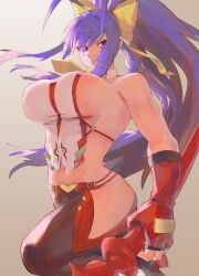 Rule 34 | 1girl, antenna hair, arqa, bare arms, bare shoulders, blazblue, blue hair, bow, breasts, fingerless gloves, gloves, hair bow, highres, holding, holding polearm, holding weapon, large breasts, long hair, looking at viewer, mai natsume, navel, polearm, ponytail, purple eyes, red gloves, simple background, solo, spear, weapon, white background