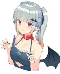 Rule 34 | 1girl, ahoge, bare shoulders, bat girl, bat hair ornament, bat wings, black nails, blurry, blush, chromatic aberration, closed mouth, collar, collarbone, fang, fingernails, frills, grey hair, hair ornament, highres, light blush, long hair, looking at viewer, mini wings, nail polish, original, pointy ears, red collar, red eyes, ryou (ponpgo), simple background, smile, solo, twintails, upper body, white background, wings