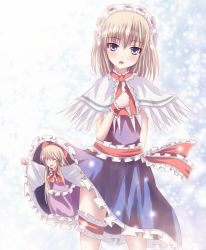 Rule 34 | 2girls, alice margatroid, blonde hair, blue eyes, blush, clothes lift, doll, dress, dress lift, closed eyes, female focus, glowing, hand on another&#039;s chest, headdress, multiple girls, non (nobu), shanghai doll, snow, thigh strap, touhou, upskirt