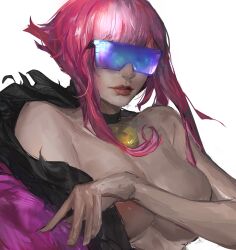 Rule 34 | 1girl, absurdres, breasts, feather boa, highres, large breasts, looking at viewer, manon legrand, medallion, off shoulder, parted lips, pendant choker, pink hair, purple-tinted eyewear, short hair with long locks, sidelocks, street fighter, street fighter 6, sunglasses, tinted eyewear, tristan mori