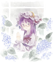Rule 34 | 1girl, bespectacled, book, capelet, chair, crescent, flower, glasses, gradient background, hair ribbon, hat, highres, hydrangea, long hair, long sleeves, looking at viewer, looking outside, mob cap, patchouli knowledge, purple eyes, purple hair, rain, red-framed eyewear, ribbon, shihou (g-o-s), sitting, solo, touhou, tress ribbon, upper body