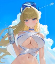Rule 34 | 1girl, absurdres, alternate breast size, aqua bow, aqua bowtie, blonde hair, blue archive, blue halo, bottle, bow, bowtie, breasts, cloud, cloudy sky, day, earrings, expressionless, halo, highres, jewelry, large breasts, long hair, looking at viewer, lumen re, navel, outdoors, sky, sling bikini top, solo, stud earrings, swimsuit, toki (blue archive), underboob, water bottle