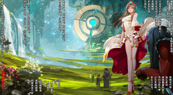 Rule 34 | 1girl, ankle strap, bare legs, brown eyes, brown hair, chinese text, commentary request, covering privates, covering crotch, dress, floating hair, high heels, highres, long hair, original, people, red footwear, sannamaman, scenery, simplified chinese text, solo focus, standing, translation request