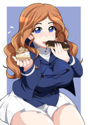 Rule 34 | 1girl, artist logo, bc freedom military uniform, blue background, blue eyes, blue jacket, blue vest, breasts, commentary, cream puff, dress shirt, eating, eclair (food), flying sweatdrops, food, girls und panzer, high collar, highres, holding, holding food, ichijou takakiyo, isabe (girls und panzer), jacket, large breasts, long hair, long sleeves, looking at viewer, military, military uniform, miniskirt, open mouth, orange hair, outside border, pleated skirt, plump, shirt, sitting, skirt, smile, solo, uniform, vest, wavy hair, white shirt, white skirt
