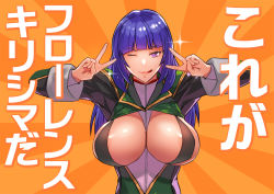 Rule 34 | 1girl, blue hair, blunt bangs, bow, breasts, character name, commentary request, double v, facing viewer, florence kirishima, gundam, hamushima, large breasts, long hair, one eye closed, orange background, orange bow, purple eyes, sd gundam g-generation, simple background, smile, solo, sunburst, text focus, tongue, tongue out, translation request, v
