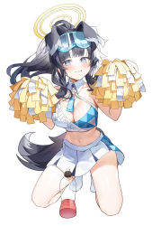 Rule 34 | 1girl, absurdres, animal ears, bad id, bad pixiv id, bare shoulders, black hair, blue archive, blush, bottle, breasts, cleavage, detached collar, dog ears, dog girl, dog tail, full body, goggles, goggles on head, grey eyes, halo, hands up, hibiki (blue archive), hibiki (cheer squad) (blue archive), highres, holding up, indol, kneeling, long hair, looking at viewer, medium breasts, midriff, millennium cheerleader outfit (blue archive), miniskirt, navel, ponytail, raised eyebrows, simple background, skirt, solo, sticker on face, tail, wavy mouth, white background