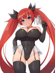 Rule 34 | 1girl, ajidot, breasts, cleavage, embarrassed, garter straps, highres, large breasts, last origin, leotard, may of doom, mole, mole on breast, red hair, solo, thighhighs, twintails