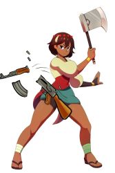 Rule 34 | 1girl, ajna (indivisible), axe, black eyes, brown hair, gun, hoshi (nedoiko), indivisible, looking at viewer, sandals, simple background, slicing, solo, third-party edit, weapon, white background