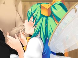 Rule 34 | 1boy, 1girl, bui112cr, censored, cum, cum in mouth, dai-chan to issho!, daiyousei, closed eyes, fellatio, game cg, green hair, hetero, mosaic censoring, oral, penis, short hair, side ponytail, solo focus, touhou, wings