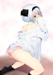 Rule 34 | 1girl, ass, bare shoulders, black hairband, black legwear, black ribbon, blush, censored, commentary request, feet out of frame, female masturbation, green eyes, hair between eyes, hair ribbon, hairband, hand up, highres, kneeling, konpaku youmu, masturbation, mosaic censoring, nigo (aozoragarou), no shoes, nose blush, off shoulder, panties, pink panties, pussy juice, pussy juice drip through clothes, ribbon, shadow, shirt, short hair, silver hair, sleeves past fingers, sleeves past wrists, solo, steam, thighs, touhou, underwear, white shirt, wooden floor