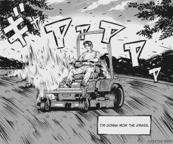 Rule 34 | 1boy, absurdres, artist name, commentary, dated, denim, drifting, ear protection, english commentary, english text, fujiwara takumi, grass, high contrast, highres, initial d, jeans, lawnmower, looking at viewer, male focus, monochrome, motion lines, oceancat, outdoors, pants, parody, shirt, short hair, short sleeves, sitting, solo, sound effects, toyota, tree, variant set