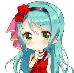 Rule 34 | 1girl, aqua hair, bang dream!, blush, bracelet, chibi, clenched hand, dress, flower, green eyes, hair flower, hair ornament, hairband, hand on own chin, hikawa sayo, jewelry, long hair, looking at viewer, lowres, nameneko (124), necklace, red dress, red flower, red rose, rose, simple background, sleeveless, sleeveless dress, solo, white background