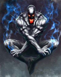 Rule 34 | 1boy, anti-venom, diolemonde, fangs, full body, highres, horror (theme), klyntar, marvel, muscular, open mouth, red eyes, smoke, spider-man (series), symbiote