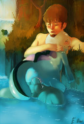 Rule 34 | 1boy, artist name, artist request, blue skin, brown hair, colored skin, creatures (company), cum, earrings, facial hair, game freak, gen 2 pokemon, goatee, interspecies, jewelry, male focus, monster, nintendo, nude, outdoors, partially submerged, penis, pokemon, pokemon (creature), quagsire, sex, testicles, water