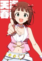 Rule 34 | 1girl, amami haruka, bare shoulders, belt, blue skirt, blush, bow, breasts, brown hair, buckle, character name, choker, cleavage, collarbone, crop top, cropped shirt, dot nose, green eyes, hair bow, hair ribbon, hand up, heart, heart-shaped buckle, heart choker, idolmaster, idolmaster (classic), idolmaster million live!, idolmaster million live! theater days, jacket, kidachi, looking at viewer, medium breasts, midriff, navel, open clothes, open jacket, open mouth, pink diamond 765 (idolmaster), pink jacket, pointing, pointing at viewer, red background, red ribbon, ribbon, shirt, short hair, simple background, skirt, smile, solo, strapless, strapless shirt, upper body, white belt, white choker, white shirt, white wrist cuffs, wrist cuffs