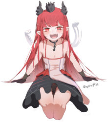 Rule 34 | 1girl, at2., black gloves, blush, character request, copyright request, crown, fangs, gloves, highres, horns, long hair, looking at viewer, open mouth, pointy ears, red eyes, red hair, simple background, smile, solo, teeth, twitter username, white background