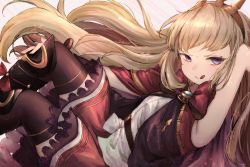 Rule 34 | :p, black footwear, black thighhighs, blonde hair, boots, cagliostro (granblue fantasy), cape, crown, gamo tako, granblue fantasy, hairband, highres, long hair, looking at viewer, purple eyes, red skirt, skirt, solo, thighhighs, tiara, tongue, tongue out