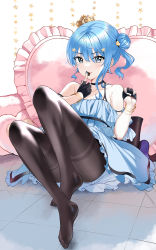 Rule 34 | absurdres, bare shoulders, black choker, black gloves, black pantyhose, blue dress, blue eyes, blue hair, blue nails, bracelet, breasts, chocolate, choker, collarbone, crown, dress, food, food in mouth, frilled dress, frills, gloves, hair between eyes, hair bun, hair ornament, half gloves, heart, heart hair ornament, heart-shaped pillow, highres, holding, holding chocolate, holding food, hololive, hoshimachi suisei, jewelry, looking at viewer, medium hair, nail polish, no shoes, nonbire, open mouth, pantyhose, pillow, reclining, side bun, single side bun, sitting, sleeveless, sleeveless dress, small breasts, solo, star (symbol), symbol in eye, virtual youtuber