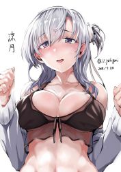 Rule 34 | 1girl, artist name, bad id, bad twitter id, bikini, bikini top only, black bikini, blush, breasts, cleavage, collarbone, dated, from below, kantai collection, large breasts, looking at viewer, medium hair, off shoulder, one-hour drawing challenge, one side up, open clothes, purple eyes, silver hair, simple background, smile, solo, suzutsuki (kancolle), swimsuit, twitter username, yukiguni yuu