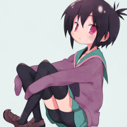 Rule 34 | 1girl, :/, a channel, bad id, bad pixiv id, bike shorts, bike shorts under skirt, black bike shorts, black hair, black shorts, black socks, black thighhighs, blush, brown footwear, closed mouth, collarbone, crossed legs, dot nose, female focus, from side, green skirt, highres, hugging own legs, ichii tooru, long sleeves, looking at viewer, looking to the side, okayparium, pleated, pleated skirt, purple shirt, red eyes, school uniform, shirt, short hair, shorts, simple background, sitting, skirt, sleeves past fingers, sleeves past wrists, socks, solo, thighhighs, upskirt, white background