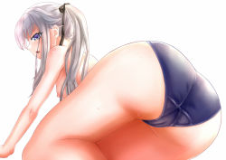 Rule 34 | 1girl, ass, bikini, bishoujo mangekyou, black ribbon, blue bikini, blue eyes, breasts, cameltoe, chen bingyou, eyebrows, fang, from behind, from below, hair ribbon, kagarino kirie, long hair, looking at viewer, nipples, open mouth, profile, ribbon, simple background, small breasts, solo, swimsuit, topless, water drop, wet, white background, white hair