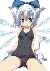 Rule 34 | 1girl, :p, animal ears, animal hands, blue eyes, blush, bow, cat ears, cat tail, cirno, covered navel, gloves, hair bow, highres, ice, ice wings, kemonomimi mode, ma-yu, one-piece swimsuit, paw gloves, school swimsuit, short hair, silver hair, solo, swimsuit, tail, tongue, tongue out, touhou, wings