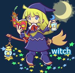 Rule 34 | 1girl, blonde hair, blue background, blue eyes, blue footwear, book, boots, bottle, broom, broom riding, character name, crescent moon, dress, frown, full body, hat, kawamochi (mocchii), long hair, madou monogatari, moon, official style, puyopuyo, solo, star (symbol), witch (puyopuyo)