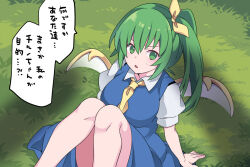 Rule 34 | 1girl, blue dress, collared shirt, daiyousei, dress, fairy, fairy wings, grass, green eyes, green hair, hair between eyes, hammer (sunset beach), long hair, looking at viewer, open mouth, shirt, short sleeves, side ponytail, solo, speech bubble, touhou, translation request, white shirt, wings