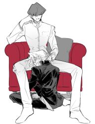 Rule 34 | 2boys, barefoot, between legs, commentary, domino high school uniform, drugged, elbow rest, grin, half-closed eyes, hand in another&#039;s hair, hand on another&#039;s leg, hand up, head between thighs, head on hand, head rest, high collar, jacket, jonouchi katsuya, kaiba seto, male focus, multiple boys, on chair, pants, parted lips, partially colored, pillow, playing with another&#039;s hair, school uniform, shaded face, shoes, short hair, sitting, smile, smirk, spot color, spread legs, symbol-only commentary, white background, white footwear, white jacket, white pants, yaoi, yitiaodahe71, yu-gi-oh!, yu-gi-oh! duel monsters