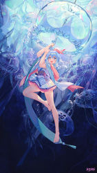 Rule 34 | 1girl, :d, air bubble, arms up, artist name, atdan, bare legs, barefoot, blue dress, blue eyes, blue hair, bubble, dress, fang, freediving, frilled dress, frills, full body, haiyi, hat, highres, holding, jellyfish, long hair, looking at viewer, open mouth, smile, solo, synthesizer v, tassel, thighs, transparent, underwater, water