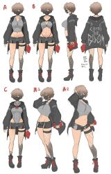 Rule 34 | 1girl, abs, absurdres, amatsu anri, breasts, character sheet, concept art, curvy, eyepatch, full body, highleg, highleg leotard, highres, large breasts, leotard, lilith-soft, mask, mouth mask, multiple views, navel, scar, shindol, shiny skin, short shorts, shorts, solo, taimanin (series), taimanin rpgx, thong, translation request, white background