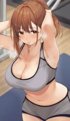 Rule 34 | 1girl, absurdres, armpits, arms up, bare arms, bare shoulders, breasts, brown eyes, brown hair, cleavage, commentary request, cowboy shot, crop top, grey shorts, hair between eyes, hair tie in mouth, highres, indoors, large breasts, long hair, looking at viewer, midriff, mouth hold, navel, original, ponytail, short shorts, shorts, solo, sports bra, stomach, udon (udonalium)