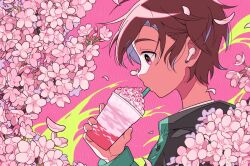 Rule 34 | 1boy, brown hair, cherry blossoms, child, commentary request, cup, drinking straw, holding, holding cup, jacket, long sleeves, male focus, messy hair, milkshake, mouth hold, nagare750, original, pink background, purple eyes, simple background, solo, whipped cream, wireless earphones