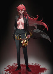 1girl absurdres aki_(maenoo) animal_head antlers black_background black_coat black_pants blood blood_on_hands breasts buta_dong closed_mouth coat commentary full_body hair_between_eyes hair_lift hair_over_shoulder hand_in_pocket highres horns large_breasts long_hair looking_at_viewer navel no_bra open_clothes open_coat original pants pool_of_blood red_hair solo spotlight standing standing_on_liquid yellow_eyes