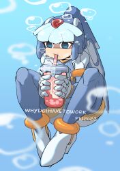 Rule 34 | 1girl, air bubble, andorlier, armor, artist name, blue armor, blue eyes, blue helmet, bubble, commentary request, cup, drinking straw, english text, fairy leviathan (mega man), forehead jewel, helmet, highres, holding, holding cup, mega man (series), mega man zero (series), solo, underwater
