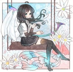 Rule 34 | 10s, 1girl, angel wings, arm warmers, asashio (kancolle), black hair, black thighhighs, blue eyes, floral background, harp, highres, instrument, kantai collection, long hair, nora (salatto), pleated skirt, shirt, shoes, unworn shoes, short sleeves, skirt, solo, suspenders, swing, thighhighs, white shirt, wings
